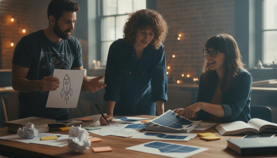 Professional illustration showing creative and director and designer concepts for pitch deck design vs template