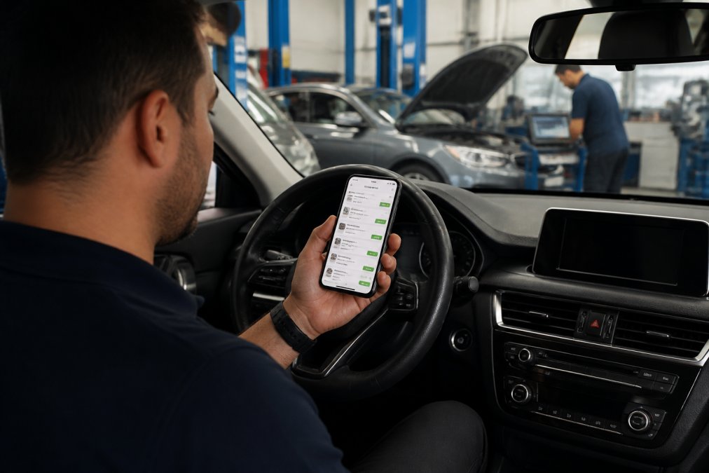 Car owner sitting in driver's seat holding smartphone displaying garage quote comparison screen, with vehicle hood open and diagnostic equipment visible in background of professional workshop
