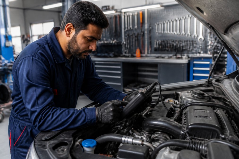 Experienced mechanic in professional workshop using diagnostic scanner on vehicle engine, with organized tool wall and proper lighting setup, hands steady and focused on diagnostic display