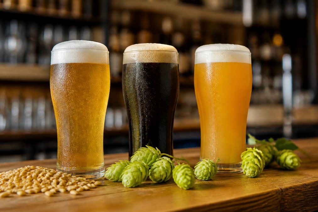Kilka szklanic piwa kraftowego w różnych stylach i kolorach - złoty lager, ciemny porter, mętne IPA - ustawione na drewnianym blacie baru z szyszkami chmielu i ziarnem słodu dookoła