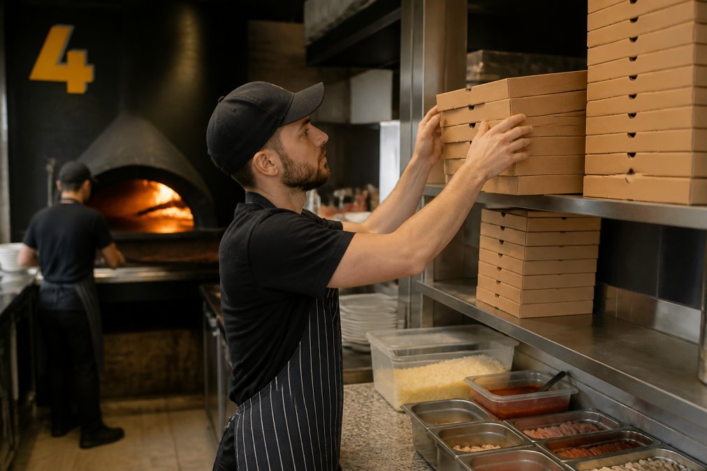 A worker stacking plain pizza boxes on a stainless steel shelf in a busy pizzeria with a glowing oven in the background