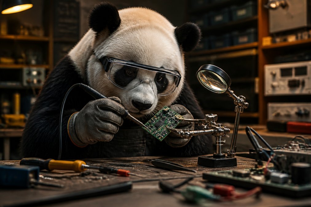 Un oso panda con gafas de seguridad y guantes de trabajo sosteniendo una pequeña tarjeta electrónica verde con un soldador en un banco de taller, con una lupa y herramientas electrónicas dispersas alrededor, iluminación cinematográfica cálida