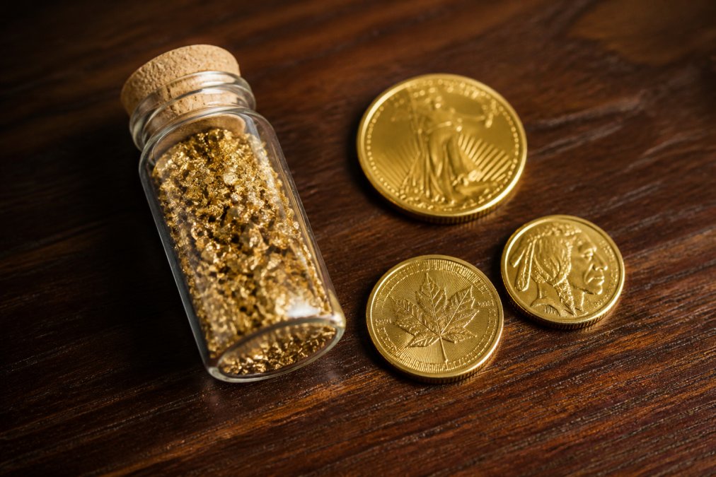 Infographic comparing raw placer gold flakes in a vial to minted gold coins on a walnut table.
