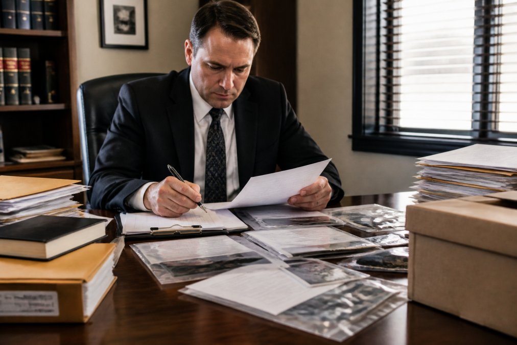 Criminal defense attorney reviewing case documents and evidence at a desk in a law office, demonstrating the investigative process