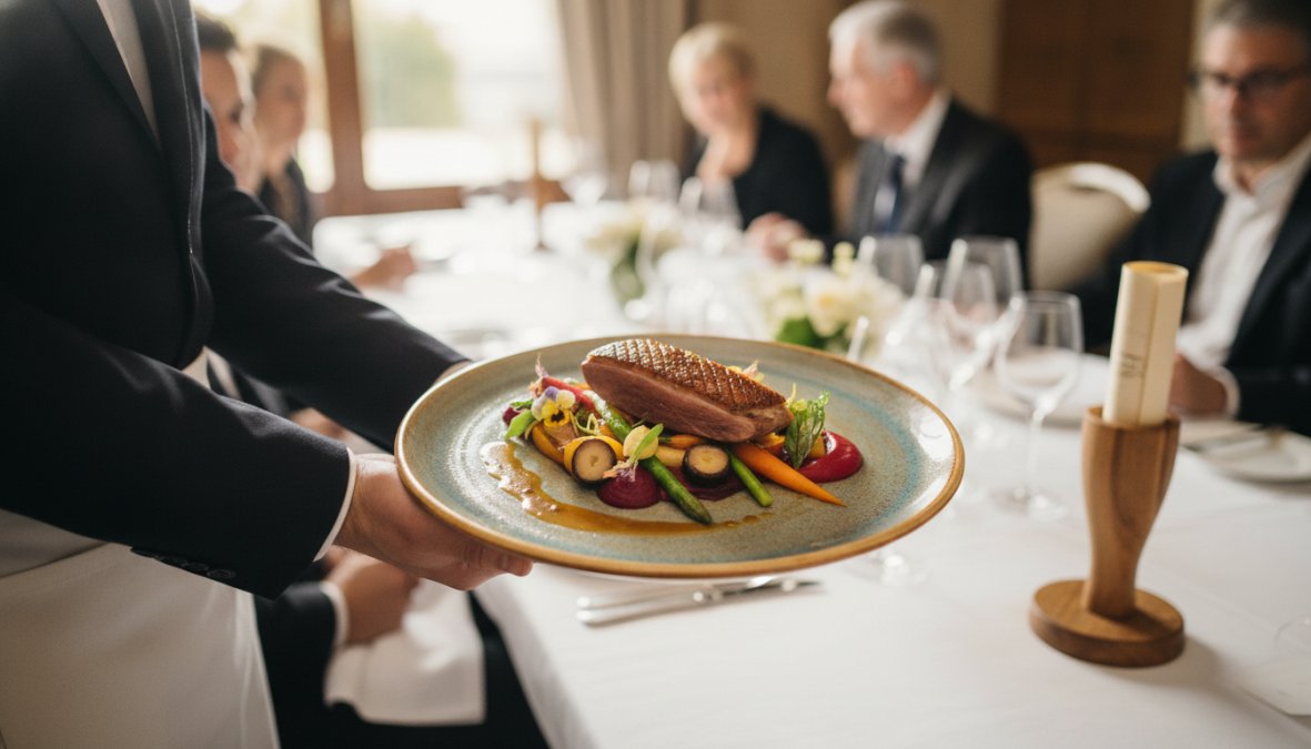 Elegantly plated gourmet dish featuring fresh seasonal ingredients with microgreens and artistic sauce presentation being served at a fine dining event