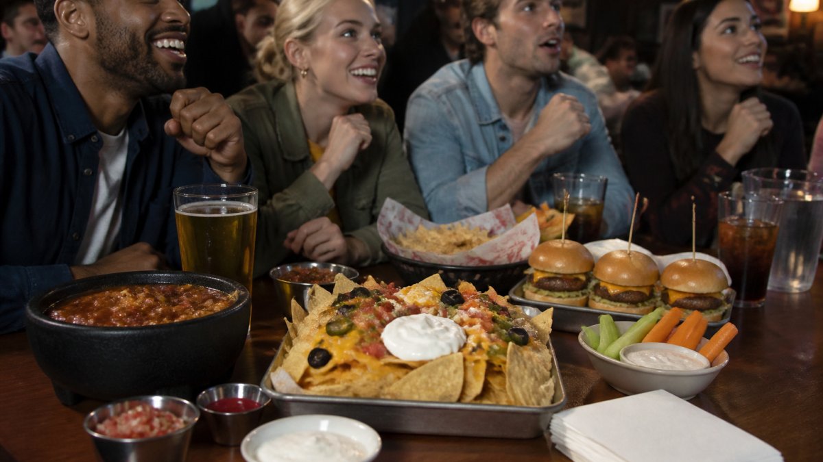 Infographic illustrating cost-effective recipes for a budget-friendly game day outing featuring snacks and dips.