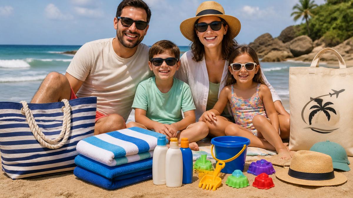 Family of four on a sunny beach with gear packed for a budget friendly family beach vacation.