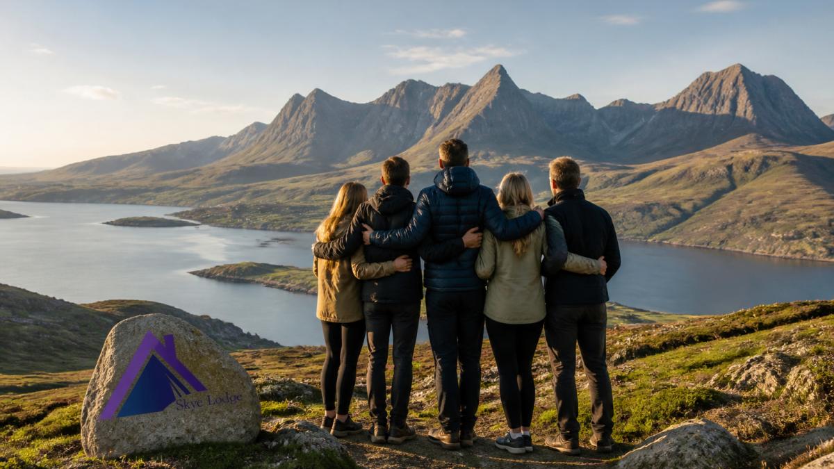 A group of friends standing together overlooking the dramatic Cuillin mountains and coastal landscape on a clear day, with loch views stretching across the horizon, golden afternoon light catching the peaks