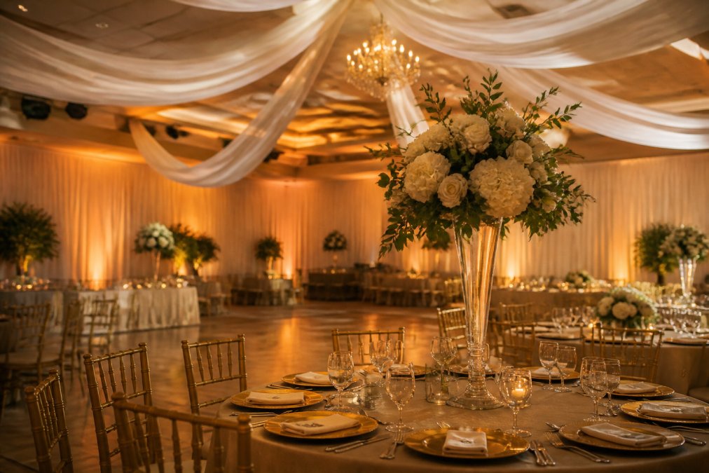 Infographic illustrating design psychology steps to achieve a luxury wedding on a budget through lighting and decor.