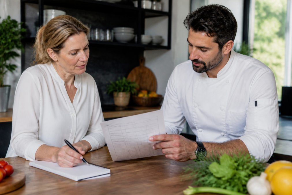 Host and private chef reviewing a detailed dietary restrictions form together at a modern kitchen table, with notepad and pen visible, discussing guest preferences in natural afternoon light