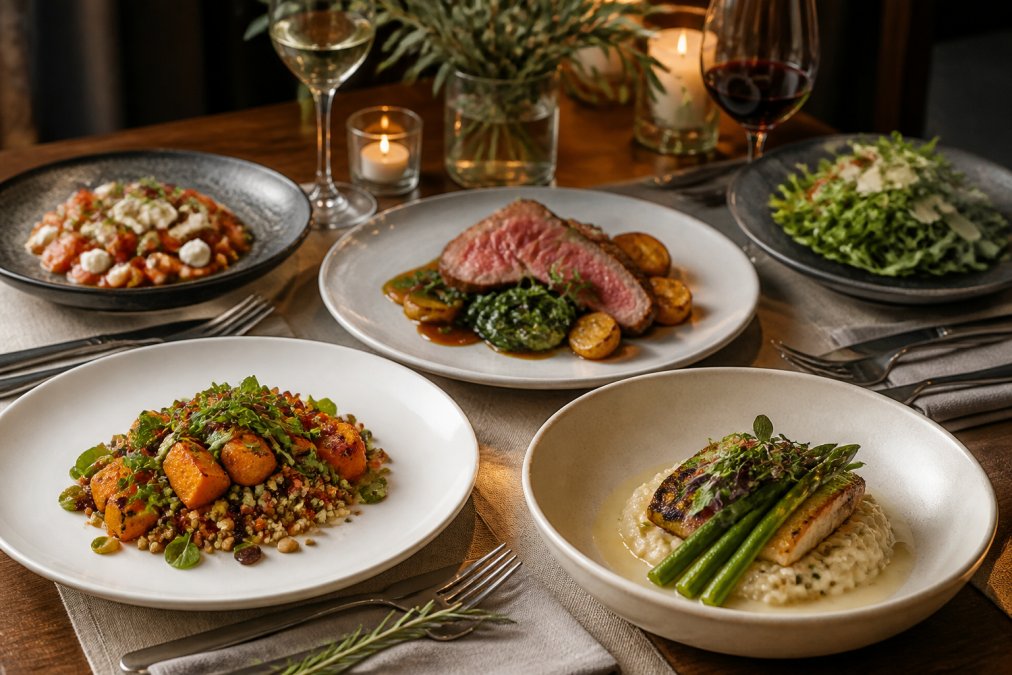 Elegant table setting with diverse plated dishes showcasing vegan, gluten-free, and standard menu options arranged for service, featuring vibrant colours and professional plating in warm dining room lighting