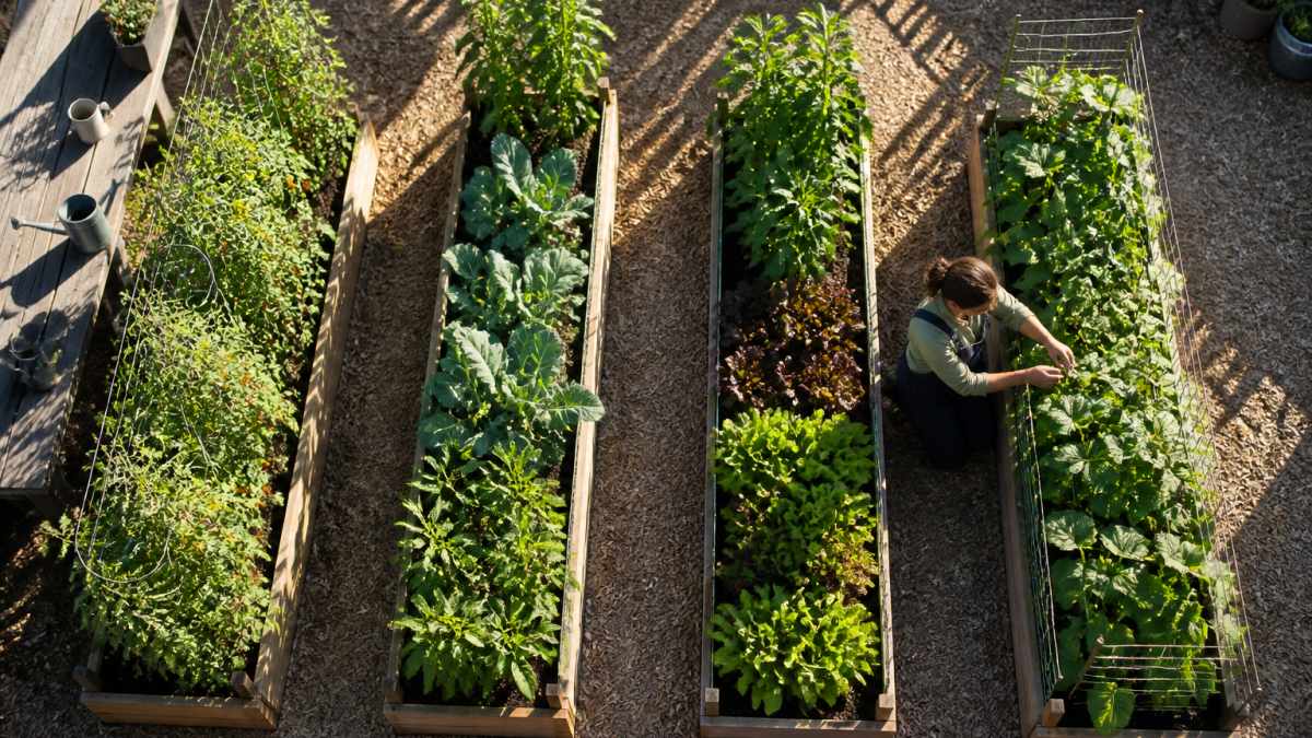 Overhead view of a well-organized raised bed vegetable garden with rows running north to south, showing tall plants on the north side and shorter crops on the south side, with clear pathways between beds and morning sunlight casting shadows