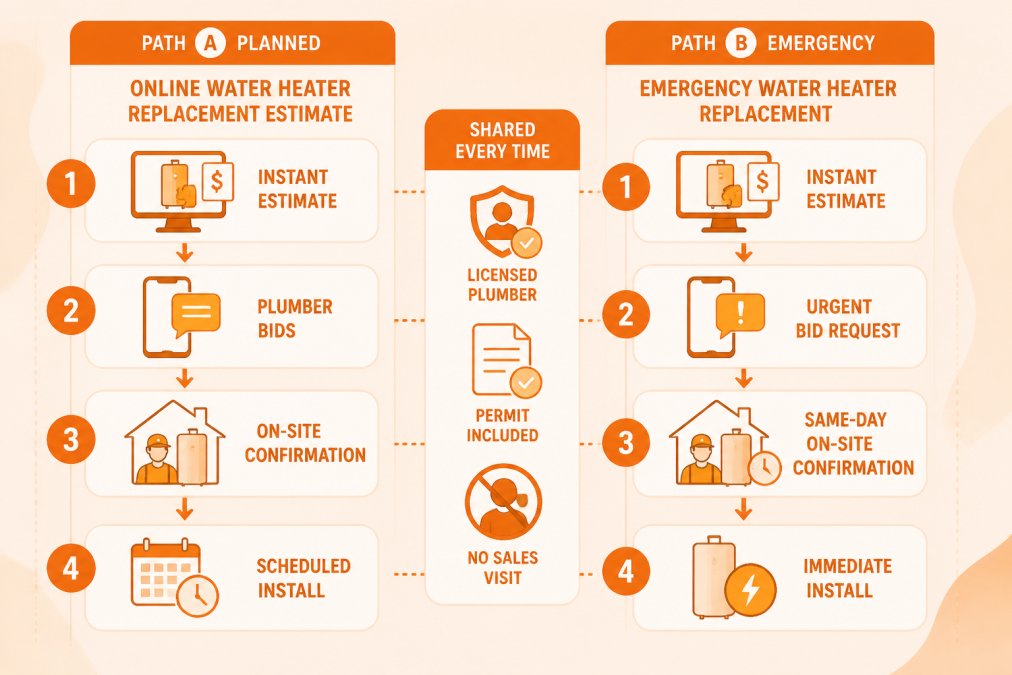 Two-path flowchart: Path A (Planned) shows instant estimate, plumber bids, on-site confirmation, scheduled install; Path B (Emergency) shows instant estimate, urgent bid request, same-day on-site confirmation, immediate install. Shared steps highlighted: licensed plumber, permit included, no sales visit