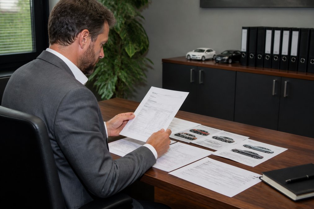 Fleet manager reviewing vehicle specifications and contract documents at an office desk with multiple monitors displaying fleet data and lease agreements