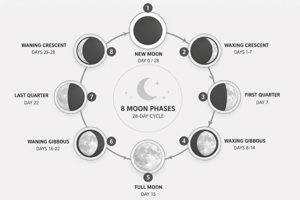 Circular diagram illustrating the 8 moon phases for planning daily activities moon cycles over a 28-day lunar month.