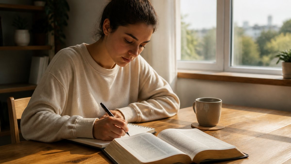 Tânăr citind Biblia și notând într-un caiet ca parte dintr-un plan de citire zilnic, lângă o fereastră luminoasă