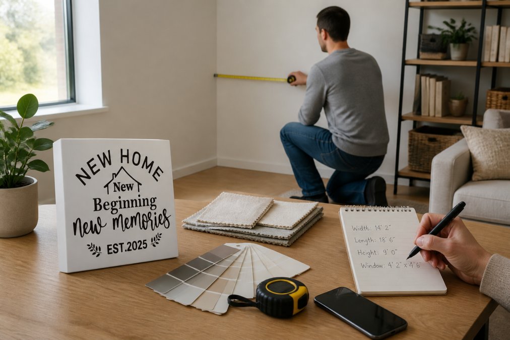 Person measuring a room with a metal tape measure, writing dimensions on a notepad, natural daylight streaming through a window, modern residential interior