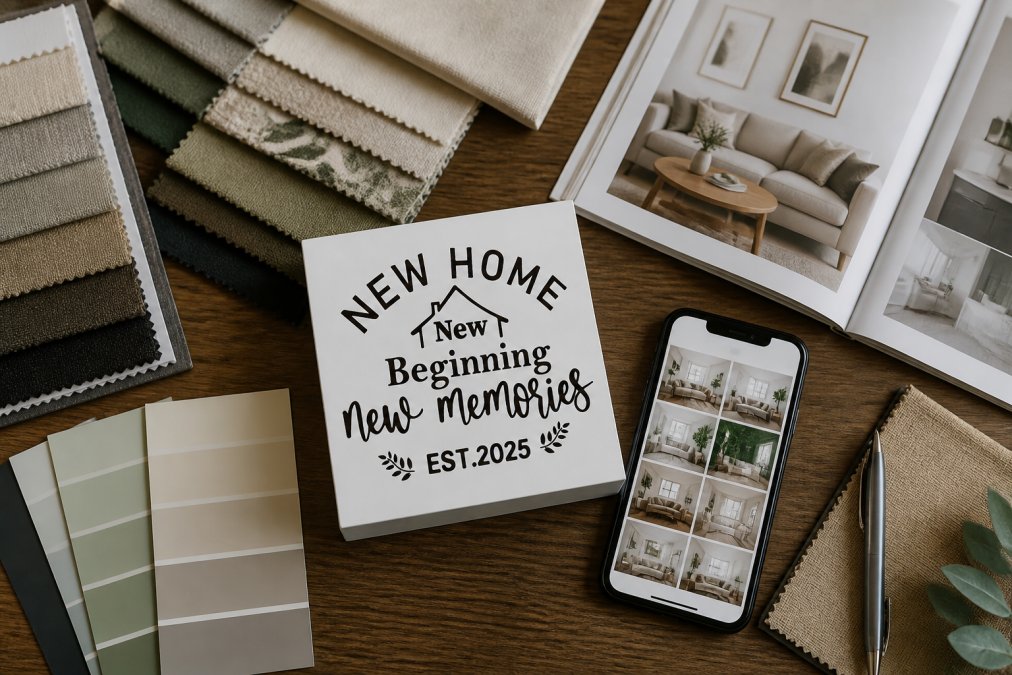 Flat lay of mood board materials including fabric swatches in coordinating colors, paint chip samples, interior design magazine clippings showing room inspiration, and a smartphone displaying a curated Pinterest board of design ideas