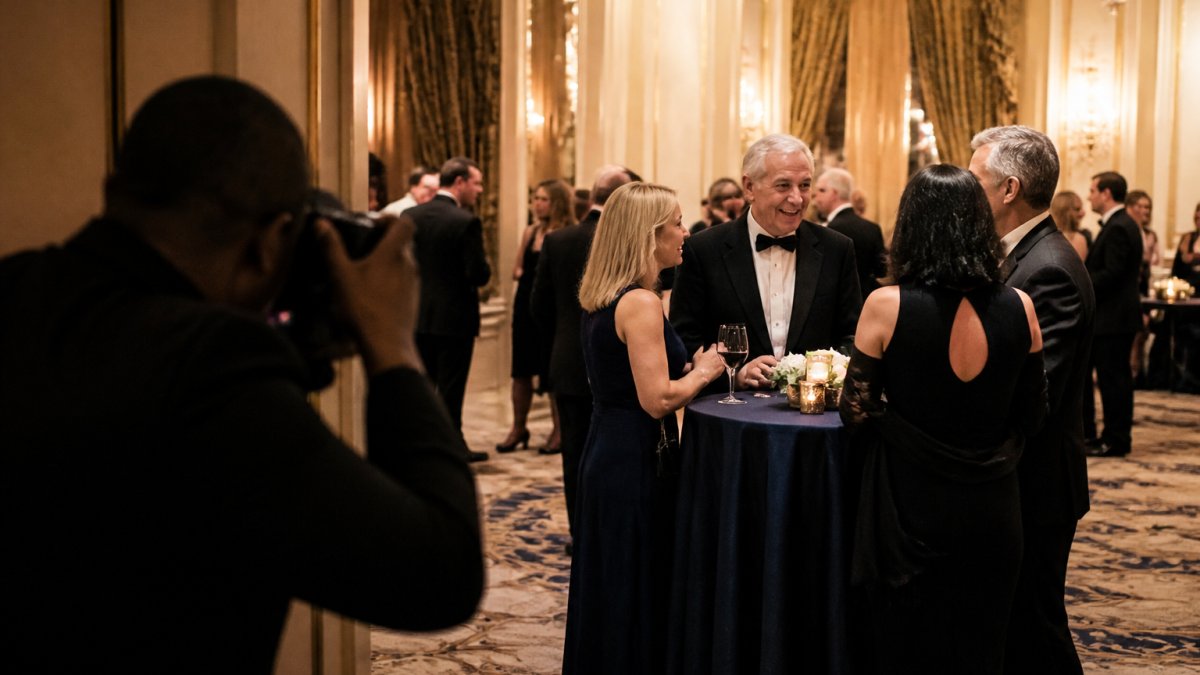 Professional photographer capturing candid gala moments for an annual report photo shoot in elegant lighting.