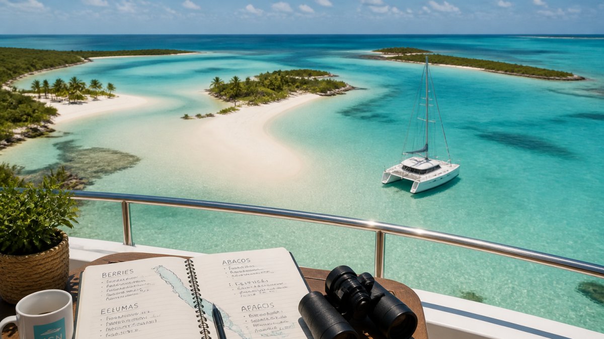 Luxury catamaran anchored in shallow turquoise water near white sandbars and tropical islands.