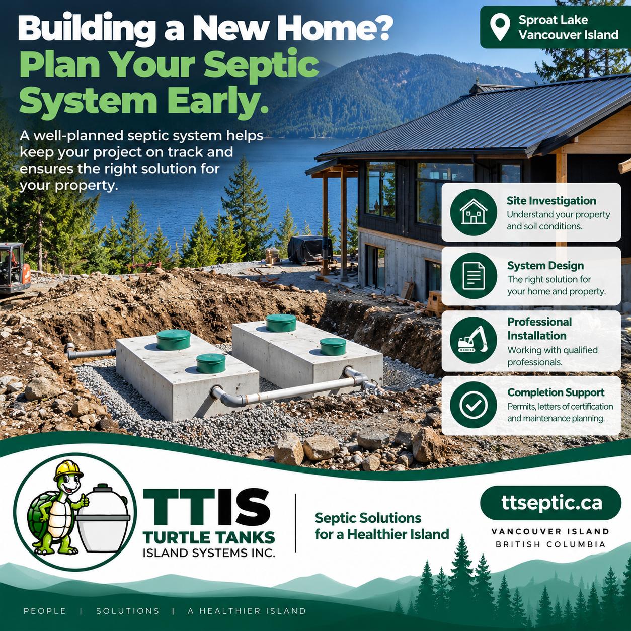 Illustrative graphic of a residential septic tank and dispersal field installation; not a photo of a TTIS project.