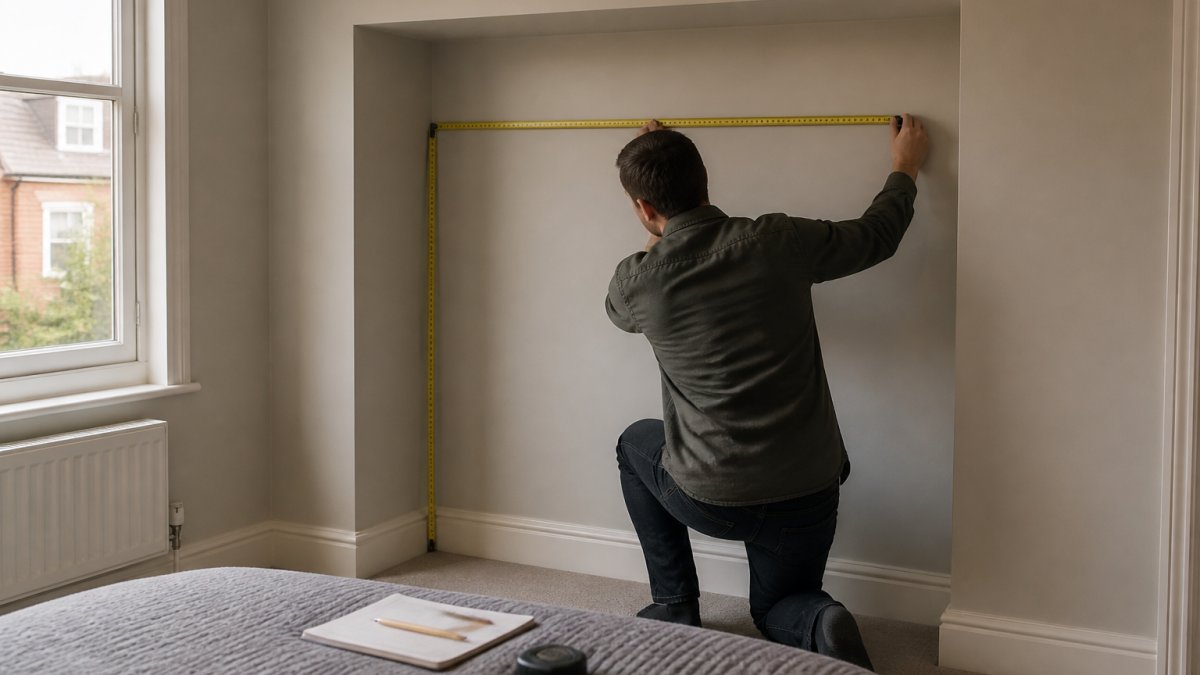Homeowner measuring a bedroom alcove for a bespoke joinery project using a tape measure and notebook