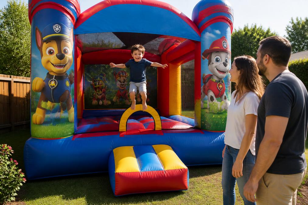 A child jumping happily inside a colorful Paw Patrol-themed bounce house in a sunny backyard, with parents watching and smiling nearby