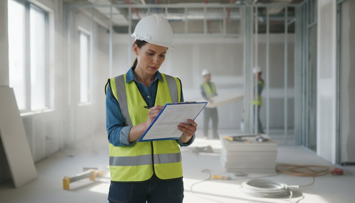 A facility manager wearing a yellow hard hat reviewing a printed checklist on a clipboard inside a partially renovated commercial office space, with exposed drywall, construction materials stacked against the wall, and natural light coming through large windows