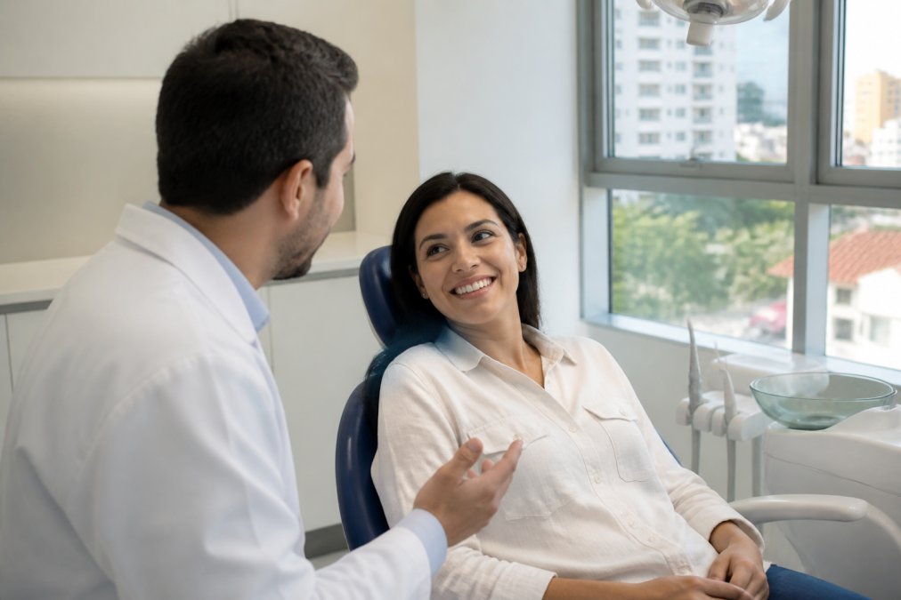 A smiling patient in a modern dental clinic chair, speaking with a dentist in a white coat in a bright, clean treatment room with large windows and contemporary dental equipment