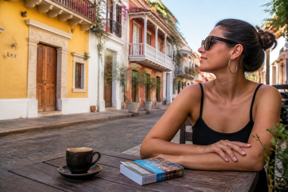 A relaxed traveler sitting at an outdoor cafe in Cartagena's walled city, colorful colonial buildings in soft afternoon light behind them, a coffee and a small guidebook on the table, the atmosphere unhurried and warm