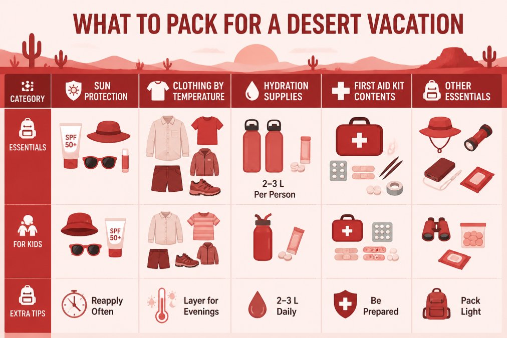 Packing checklist matrix showing essential categories: sun protection items (sunscreen SPF 50+, hats, sunglasses, lip balm), clothing by temperature (lightweight long sleeves, shorts, layers for evening, closed-toe hiking shoes), hydration supplies (2-3 liters per person daily, electrolyte tablets, water bottles), first aid kit contents (blister treatment, pain reliever, antihistamine, bandages), and child-specific gear (child sunscreen, favorite snacks, comfort items, medications) with checkboxes