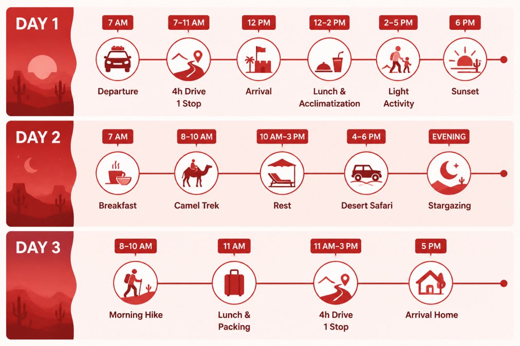3-day desert itinerary timeline showing: Day 1 - morning departure 7 AM, 4-hour drive with 1 rest stop, arrival 12 PM, lunch and acclimatization, light afternoon activity, sunset viewing 6 PM; Day 2 - early breakfast 7 AM, camel trek 8-10 AM, rest period 10 AM-3 PM, desert safari 4-6 PM, evening stargazing; Day 3 - morning hike 8-10 AM, lunch and packing 11 AM, 4-hour return drive with 1 rest stop, arrival home 5 PM