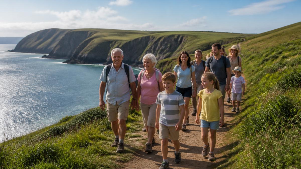 Multi-generational family group walking together on a coastal path with dramatic cliffs and sparkling sea visible in the background, children and adults of various ages enjoying the landscape on a bright day