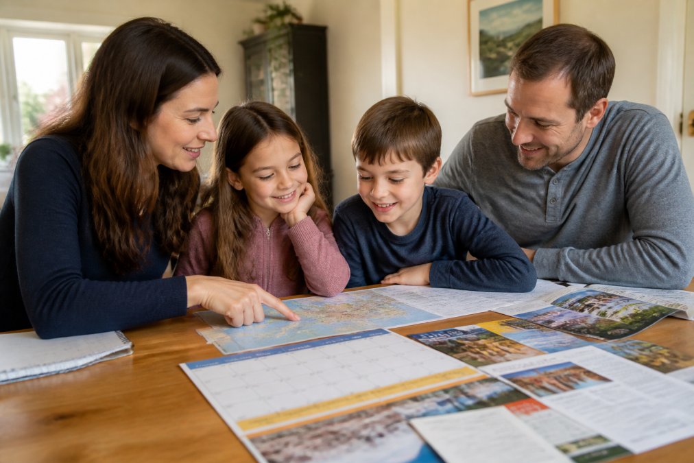 Parent and children gathered around a table with a printed itinerary, calendar, and activity bookings spread out, reviewing plans together