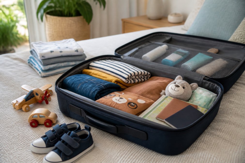 Open suitcase with neatly organized children's clothing, toys, toiletries, and travel documents visible, ready for packing