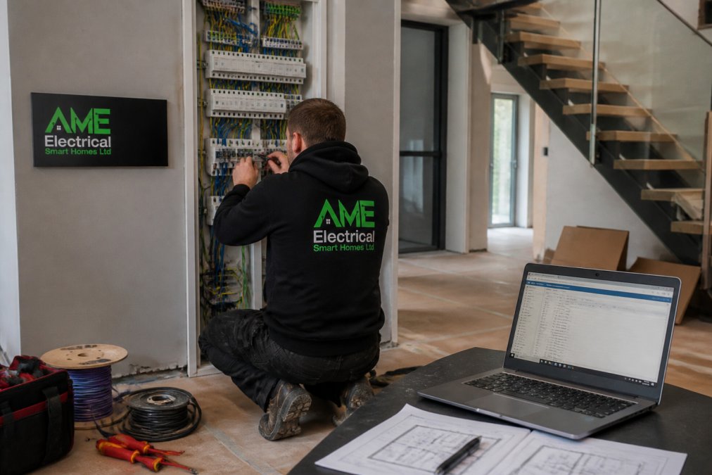An electrician in a partially finished luxury home kneeling at an open KNX distribution board, testing wiring with a laptop showing commissioning software on a nearby table, tools and cable drums visible on the floor