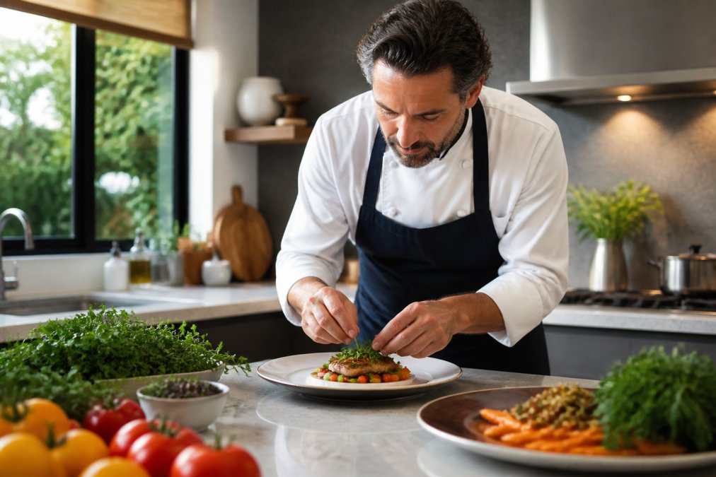 A private chef carefully plating an elegant dish with fresh herbs and fine dining presentation in a residential kitchen, with soft natural light from windows illuminating fresh ingredients on the counter