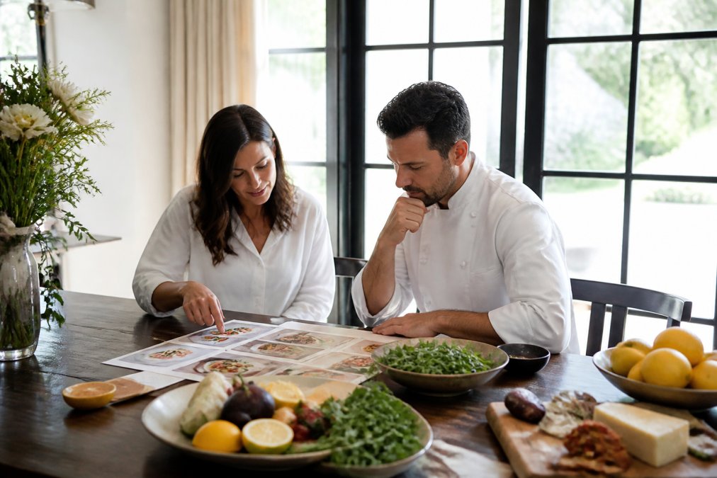 A host and private chef seated at a dining table reviewing menu notes, mood boards, and ingredient samples with natural afternoon light coming through the window