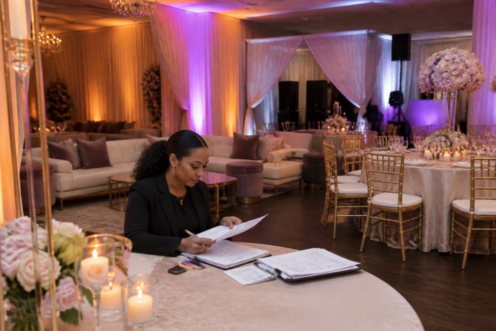Elegantly decorated event space with luxurious lounge seating, dramatic amber and purple up-lighting, sophisticated venue draping, and intimate round tables arranged for a formal celebration