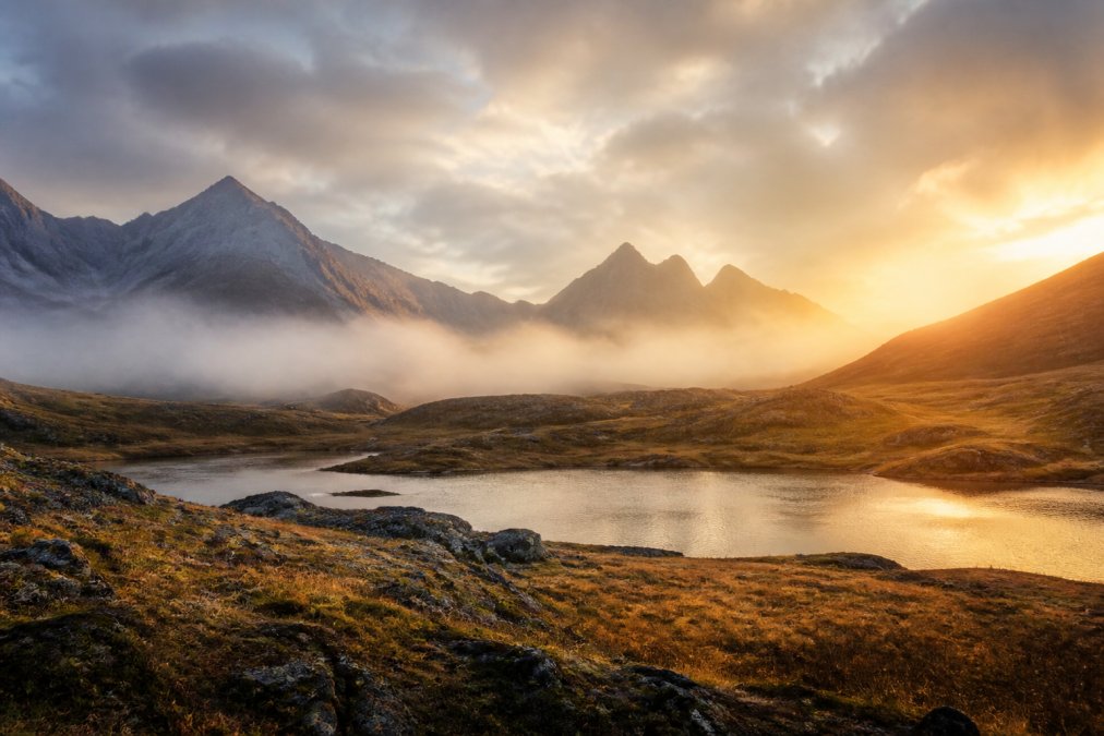 Dramatic landscape of the Cuillin mountains rising above a misty valley at dawn, with golden light breaking through clouds over rugged Scottish highlands and a lochan reflecting soft morning light