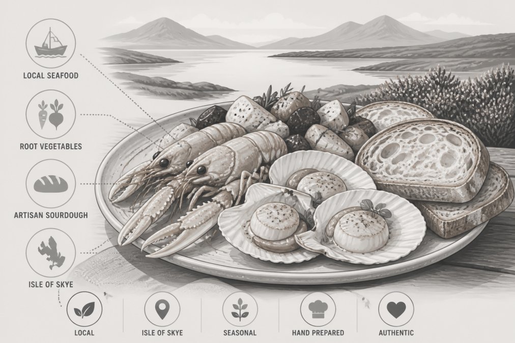 Close-up of a plate of locally sourced Scottish cuisine with fresh seafood, langoustines and scallops, roasted root vegetables, and artisanal sourdough on a rustic wooden table with soft coastal loch light and heather in the background