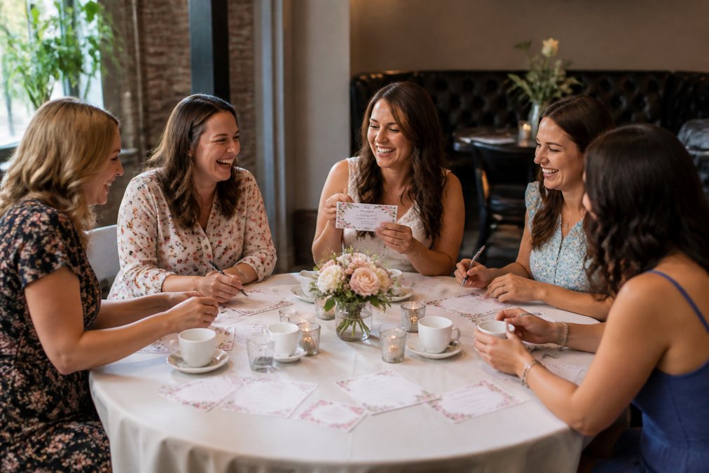 A small group of five women laughing around a round table playing a bridal shower game, printed game cards and pens scattered on a floral-decorated table, coffee cups and a small centerpiece visible, warm indoor lighting