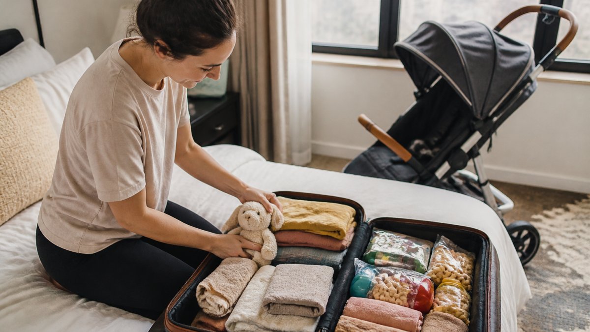 A parent kneeling on a bed next to an open suitcase filled with folded toddler clothes, a small stuffed animal, snacks, and a compact stroller parked nearby in a bright bedroom