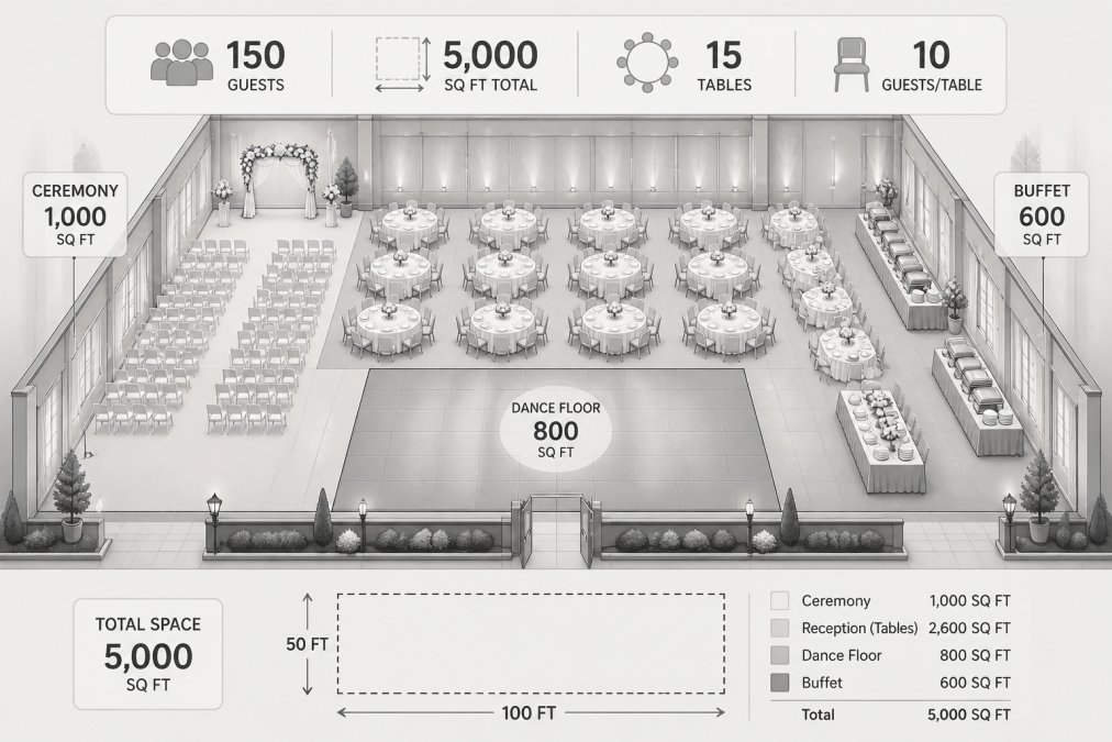 Wide shot of a spacious reception venue with ceremony setup visible, showing round tables with elegant place settings, a dance floor, and buffet stations arranged for 150 guests in soft evening lighting