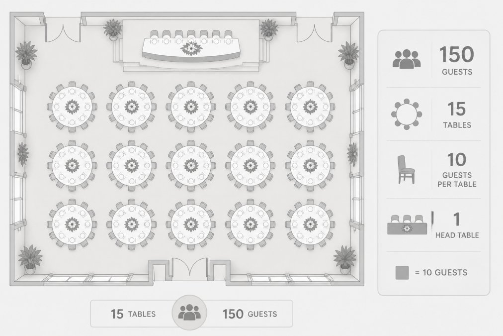 Overhead view of an elegant reception space with multiple round tables set with place cards, white linens, and floral centerpieces, showing the layout for a formal 150-guest dinner