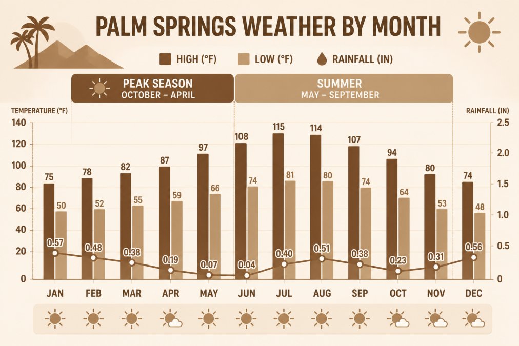 Bar chart comparing monthly temperatures (highs and lows in Fahrenheit) and rainfall across all 12 months, highlighting October-April peak season with 75-85°F days and summer months with 110-120°F highs