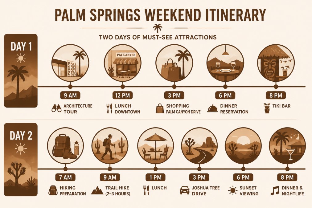 Two-day itinerary timeline showing Day 1 activities: 9 AM architecture tour, 12 PM lunch downtown, 3 PM shopping on Palm Canyon Drive, 6 PM dinner reservation, 8 PM tiki bar; and Day 2 activities: 7 AM hiking preparation, 9 AM trail hike (2-3 hours), 1 PM lunch, 3 PM Joshua Tree drive, 6 PM sunset viewing, 8 PM dinner and nightlife