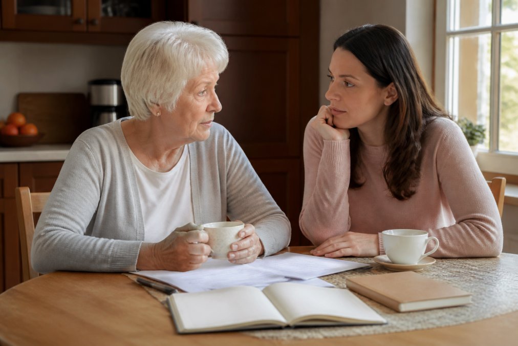 An older adult and adult child sitting together at a kitchen table with warm lighting, tea cups between them, sharing a calm and thoughtful conversation with documents and a journal visible
