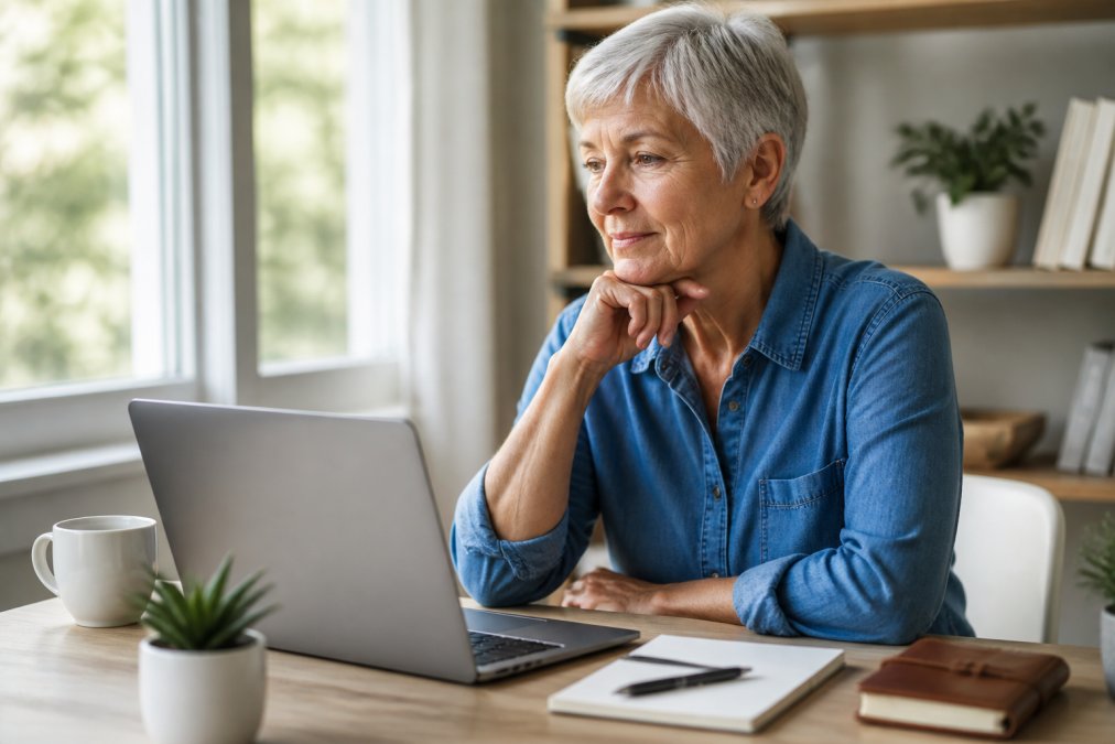 An older adult peacefully working at a desk with a laptop, journal, and pen nearby, warm natural light coming through nearby windows, reflecting thoughtfully while organizing personal information and memories