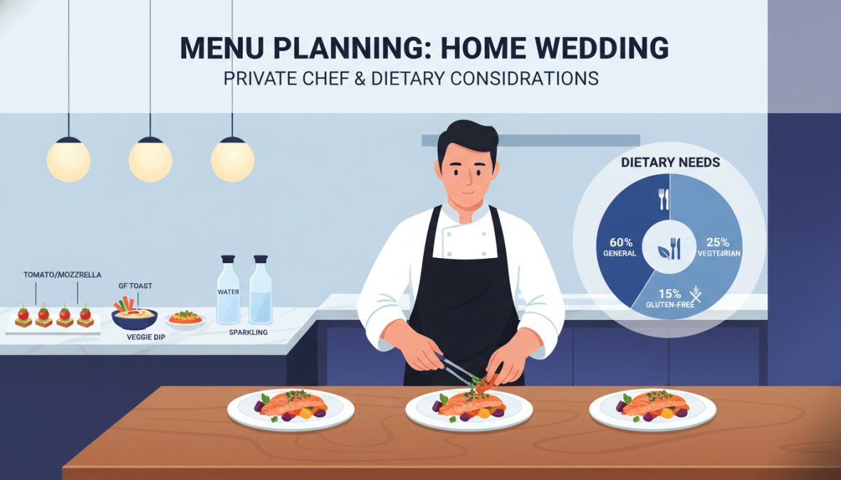 A [private chef](/2026/05/27/private-chef-catering-sydney/) in chef's whites plating a beautifully presented entrée in a residential kitchen, with fresh seasonal ingredients, elegant white crockery, and a row of appetisers arranged on a marble countertop under warm pendant lighting